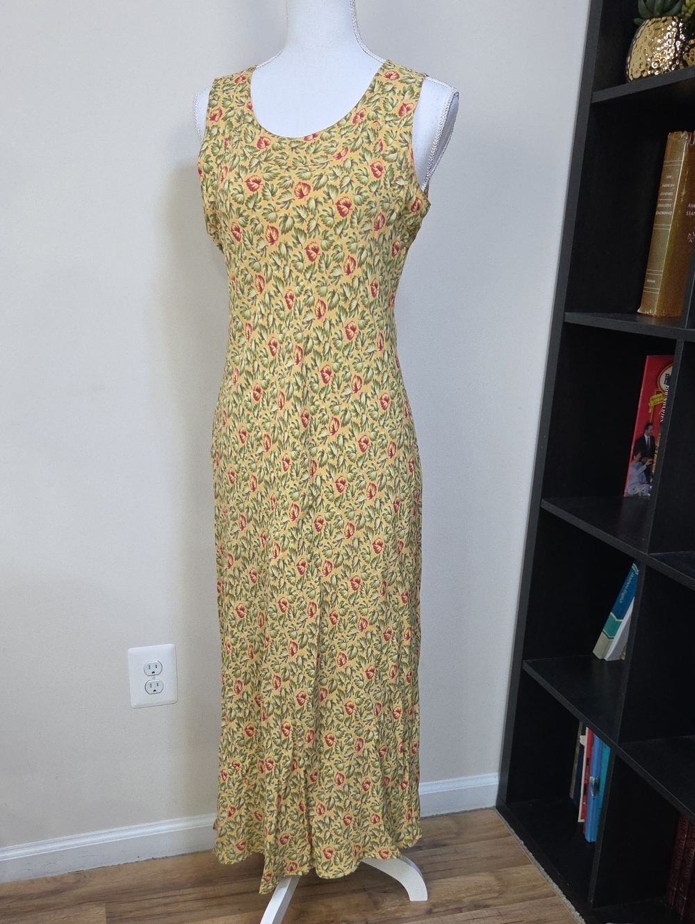 Vtg 90s APRIL CORNELL Yellow Leaves Sleeveless Maxi Dress Romantic Cottagecore